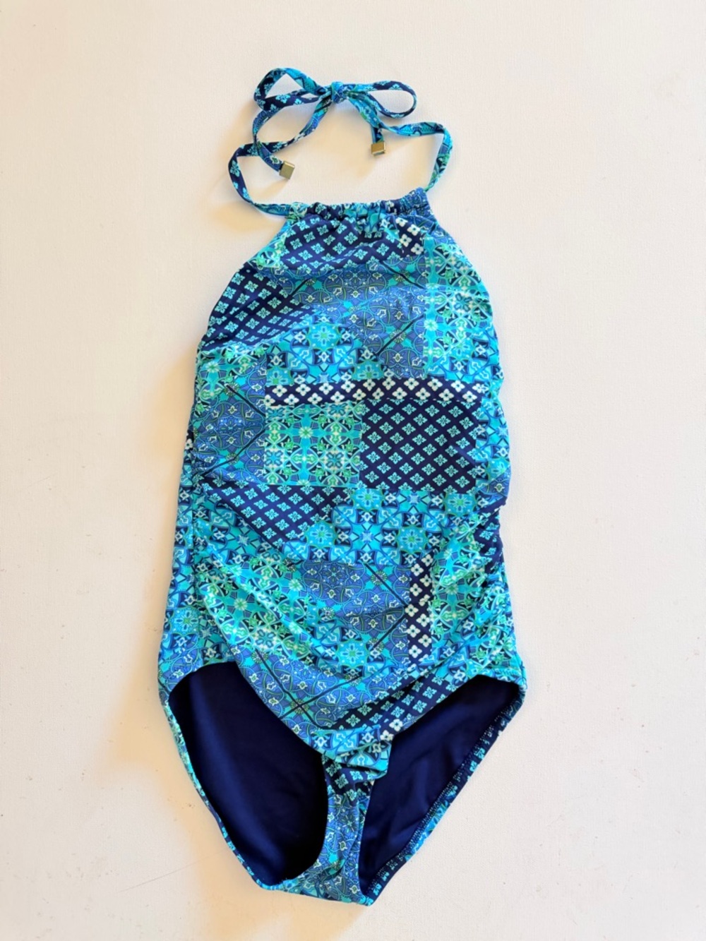 Lands end blue patchwork halter tie swimsuit